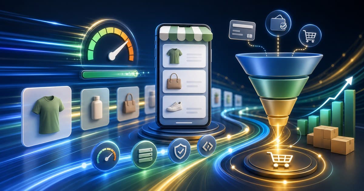 Abstract fast mobile storefront and conversion funnel for ecommerce performance