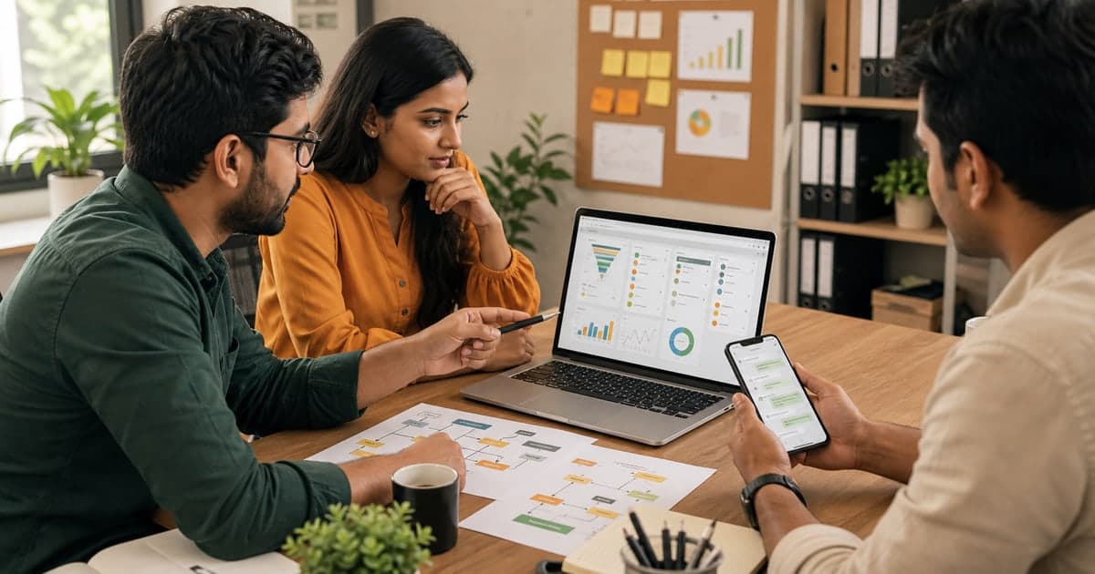Indian SMB sales team reviewing AI-powered CRM pipeline, lead scoring, and follow-up automation