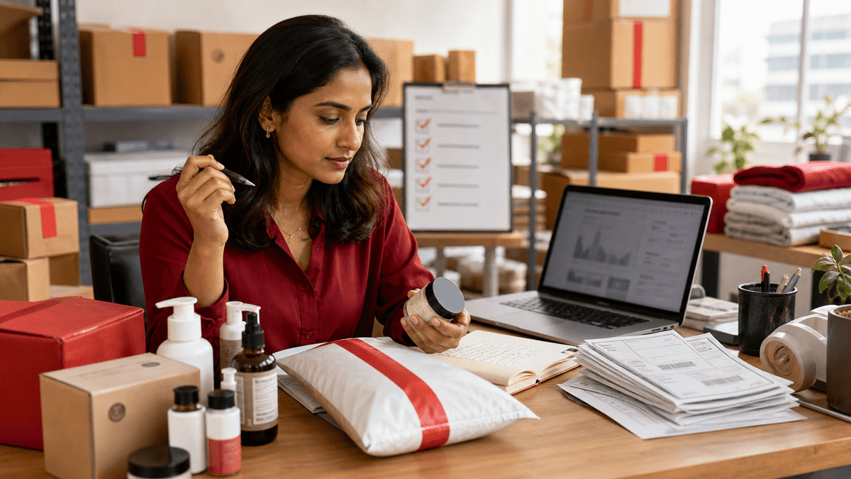 Indian D2C operator reviewing Shopify growth metrics, product packaging, and AI commerce planning materials at a worktable