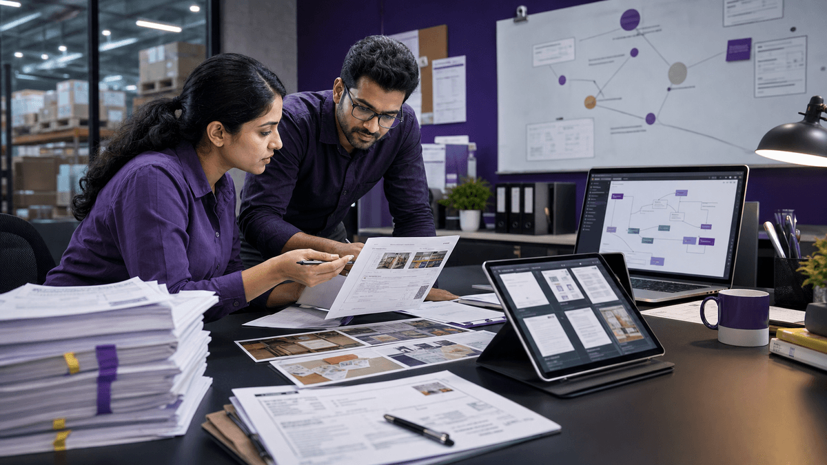 Operations desk with SOP documents, product images, and tagged files arranged for a multimodal RAG knowledge system