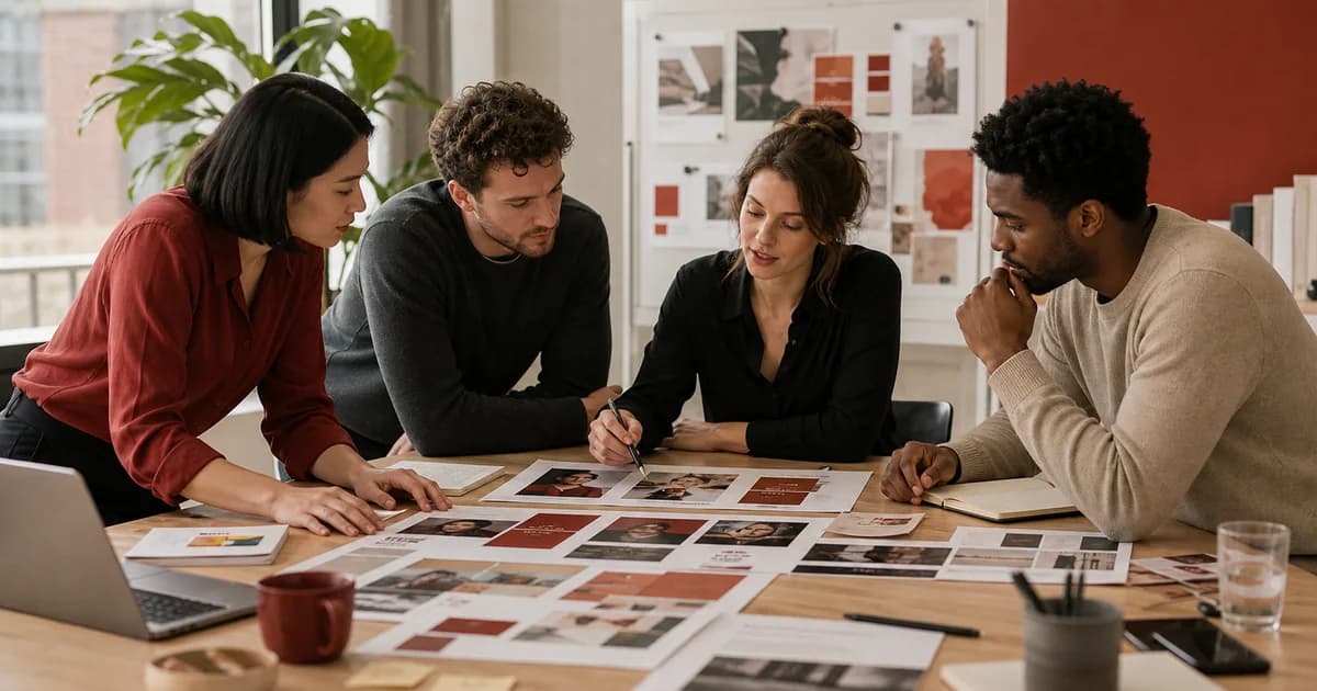 Brand and media team reviewing Google AI ad creative prompts and campaign approvals in a studio-style meeting