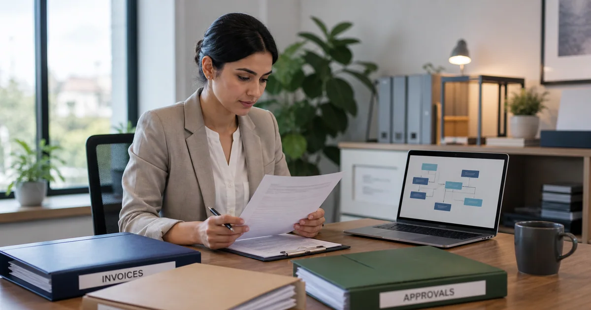 Operations manager reviewing a structured back-office workflow with approvals and system handoffs
