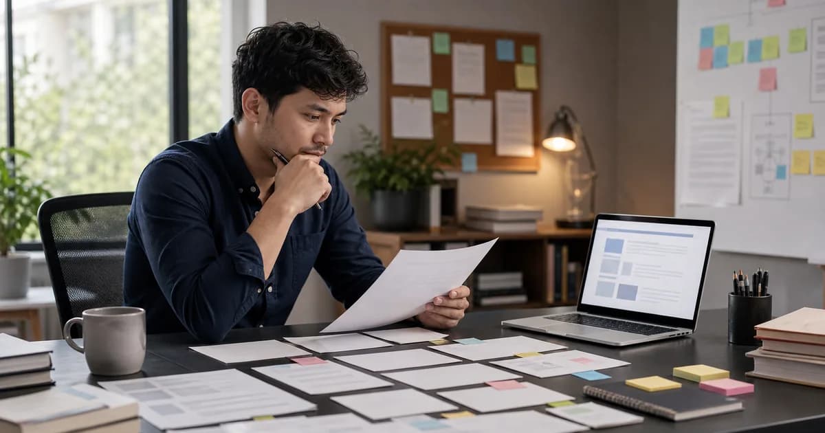 Content strategist reviewing source-rich web content and search notes for AI-era SEO planning