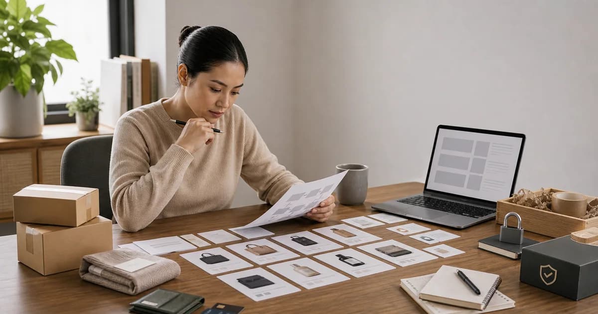 Editorial commerce scene showing secure AI-assisted checkout readiness across product data and payment controls
