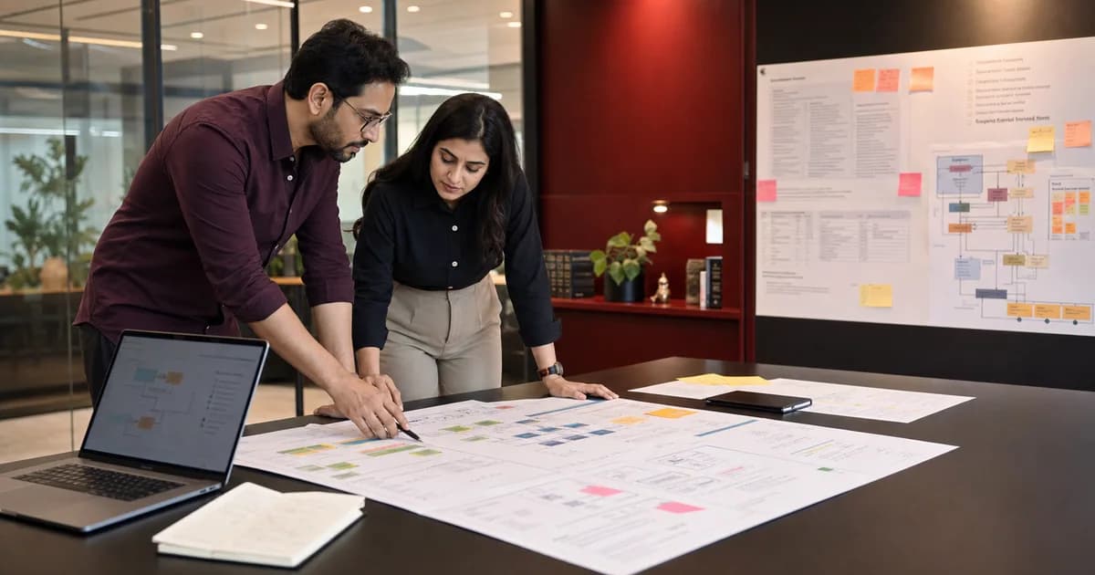 Indian operators reviewing an AI deployment plan in a premium office war-room