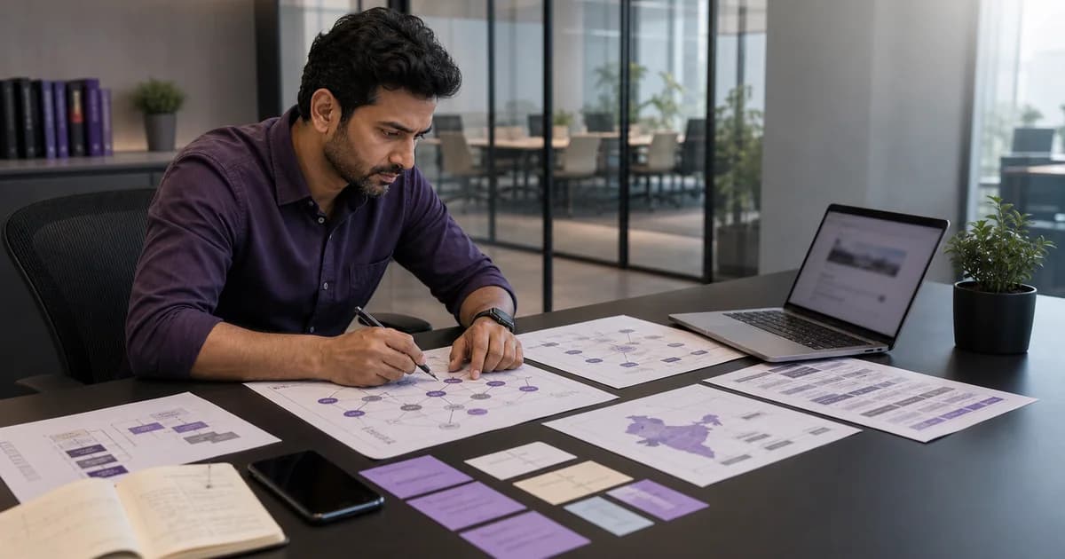 Search strategist reviewing multilingual source maps and AI-assisted search notes