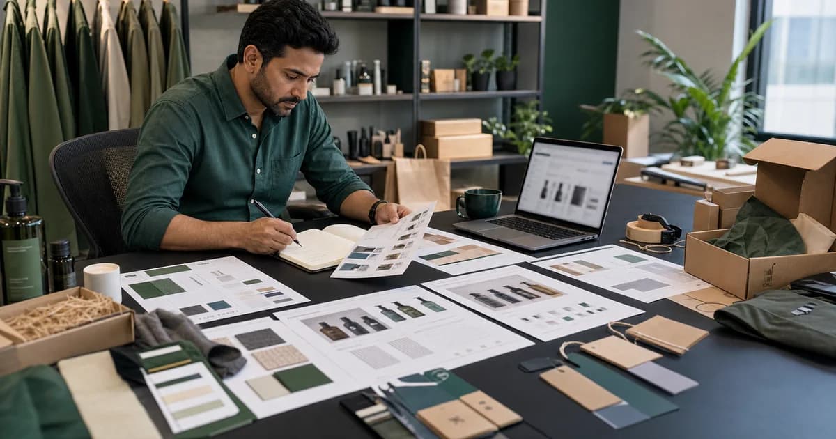 Premium D2C merchandising desk with product packaging and AI-commerce planning materials