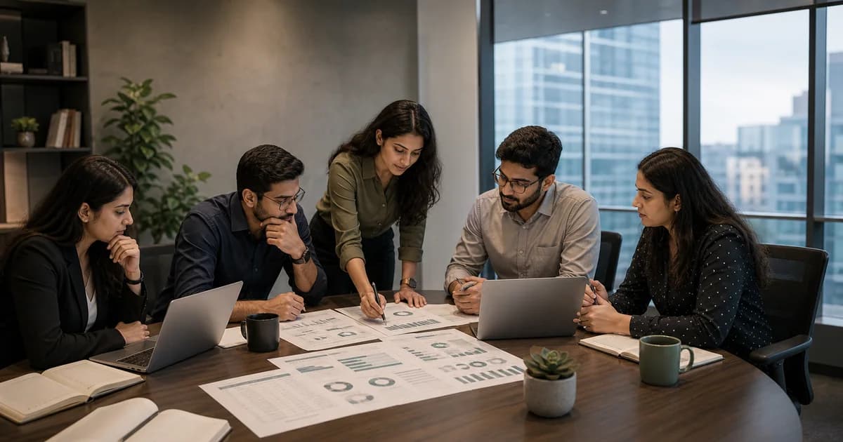 RevOps team reviewing spreadsheet workflows and KPI sheets in a modern office