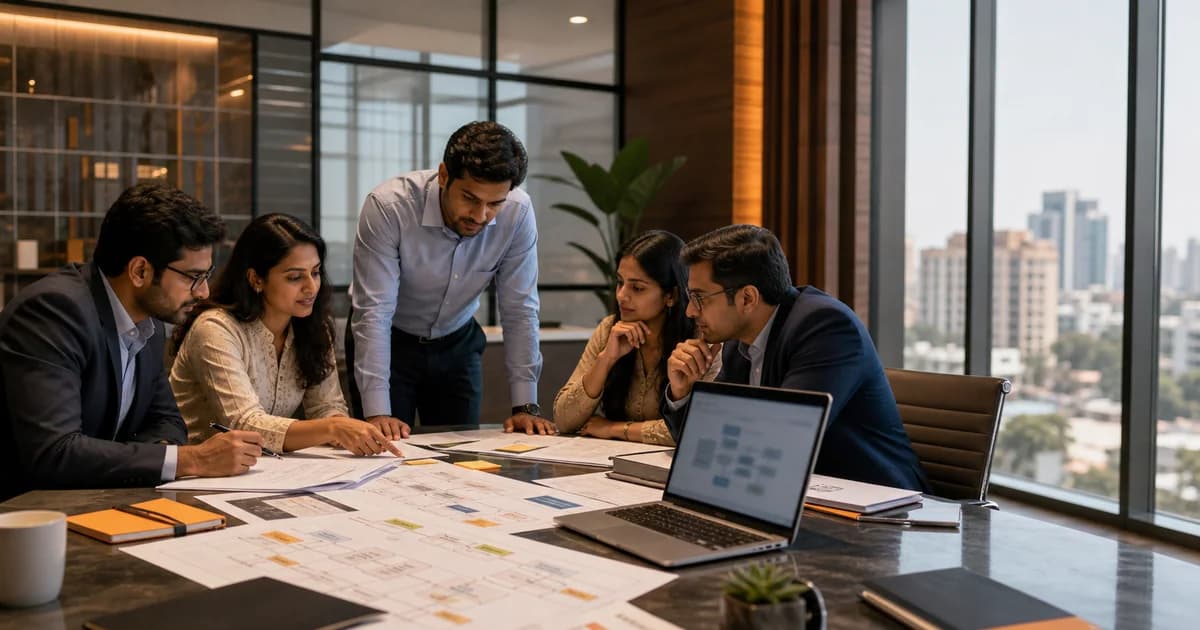 Enterprise team reviewing ERP migration and AI workflow plans across a conference table