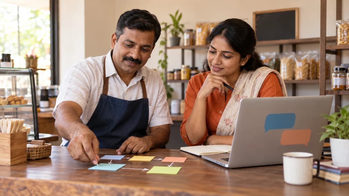 Two small business operators planning a chatbot handoff with conversation flow cards
