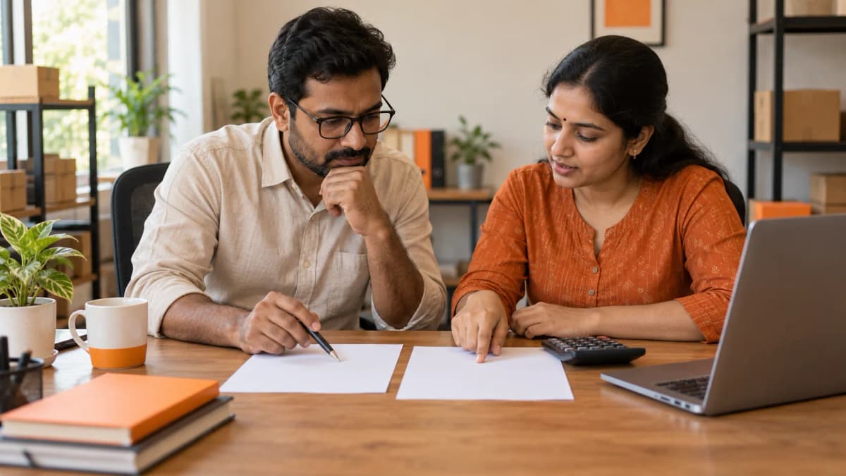 Indian business owner and operations colleague reviewing a workflow with blank sheets and a calculator